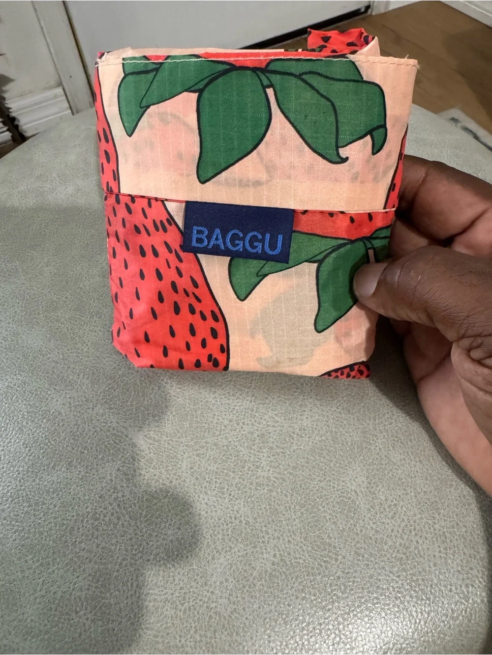 BAGGU Strawberry Print Tote in Pink and Green